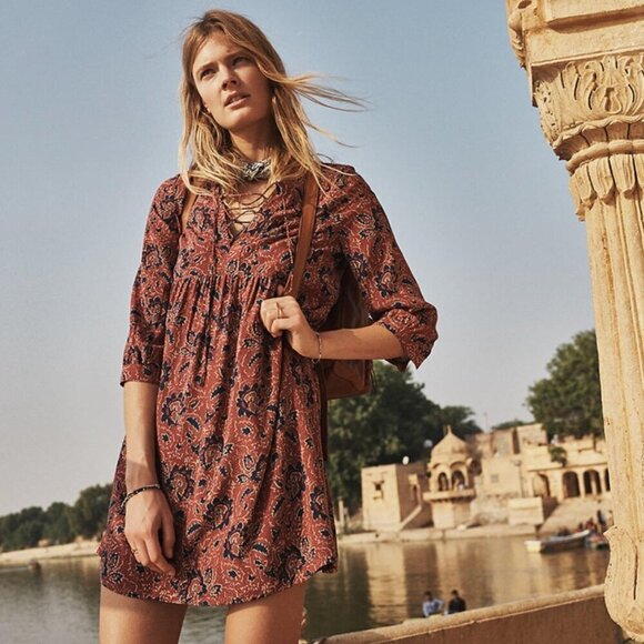 Madewell Dresses & Skirts - Madewell 100% Silk Babydoll Dress Red Blue Cream Assam Floral Women's Size S